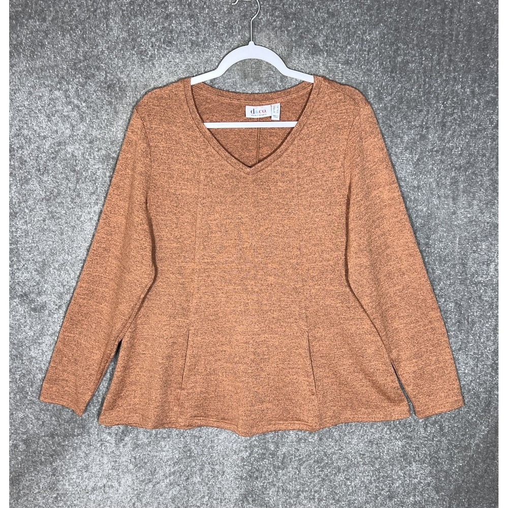 Denim & Co Heavenly Jersey V-Neck Flared Top Womens Size Large Orange Pockets